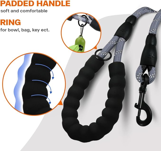 Taglory Rope Dog Leash 6 FT with Comfortable Padded Handle, Highly Reflective Threads Leash and Anti-Tangle Clip for Walking Medium Large Dogs, 1/2 inch, Grey