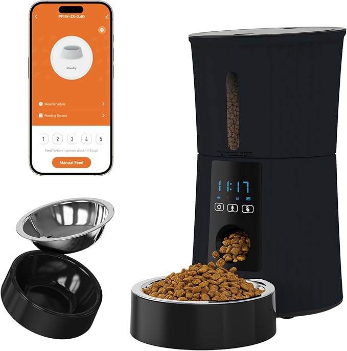 NEWBULIG 4L Automatic Cat Feeder with APP, Timed Pet Feeders for Dry Food with Portion Control, 1-10 Meals Per Day, Dog Food Dispenser with 10s Voice Recorder, Dual Power Supply, Desiccant Bag(Black)