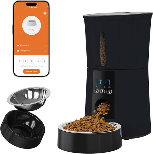 NEWBULIG 4L Automatic Cat Feeder with APP, Timed Pet Feeders for Dry Food with Portion Control, 1-10 Meals Per Day, Dog Food Dispenser with 10s Voice Recorder, Dual Power Supply, Desiccant Bag(Black)