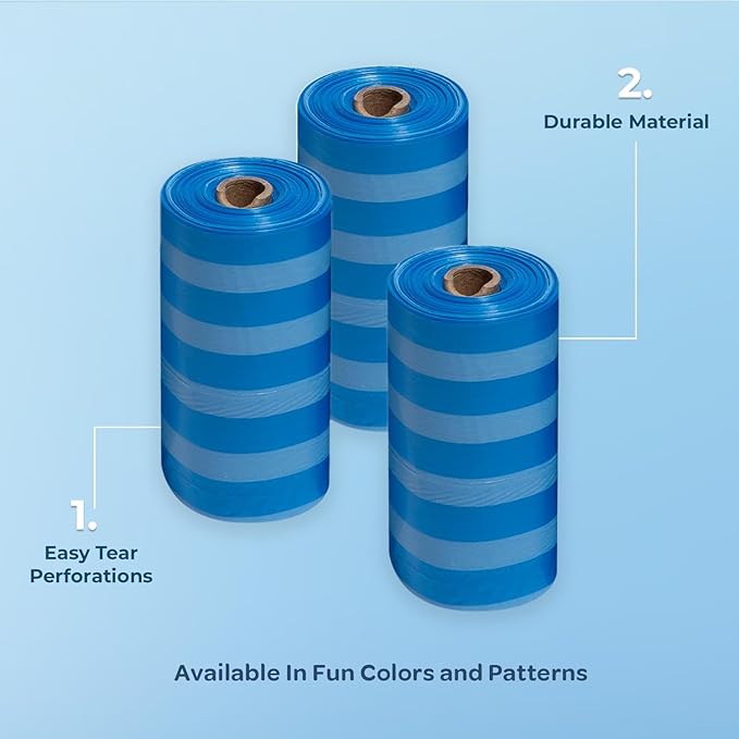 Best Pet Supplies Dog Poop Bags for Waste Refuse Cleanup, Doggy Roll Replacements for Outdoor Puppy Walking and Travel, Leak Proof and Tear Resistant, Thick Plastic - Blue Strips, 150 Bags