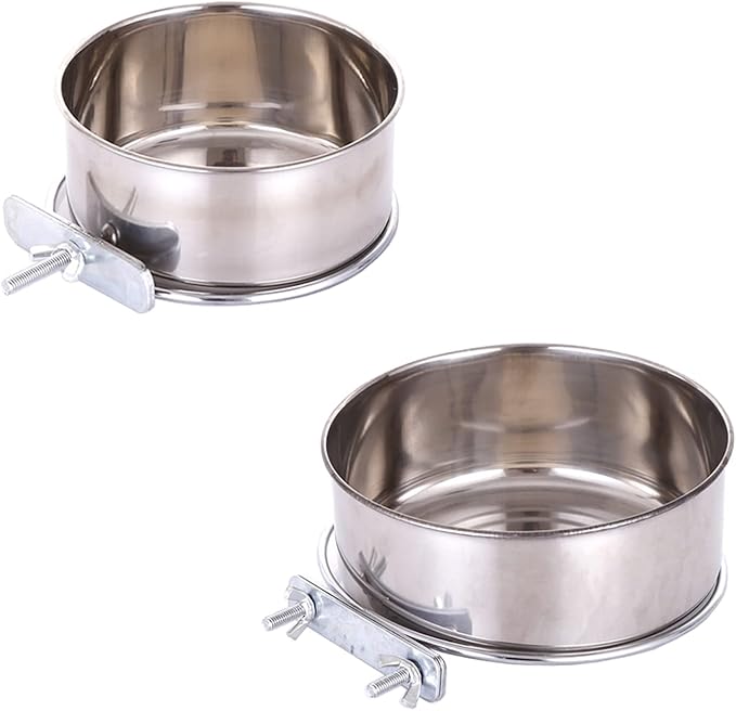 2 Packs, Pet Food Water Bowl with Clamp Holder Stainless Steel Coop Cup Hanging Feeder for Dog Bird Parrot Cat Rabbit, M&L