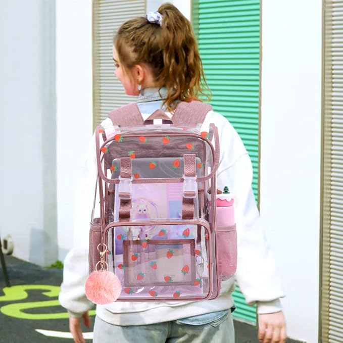 17" Strawberry Clear Backpack for Girls - 3Pcs Flip Design Stadium Approved Set, Campus/School Transparent Bookbag (Pink)