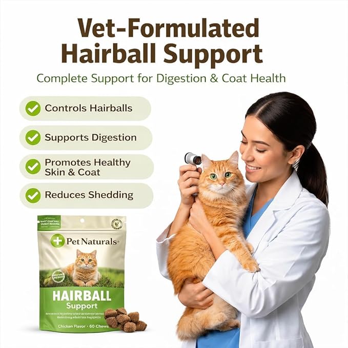 Pet Naturals Hairball Relief for Cats, 30 Chicken Liver Flavored Soft Chews, Hairball Treatment with Psyllium, Omega 3 & 6, Zinc and Biotin, Supports Digestion & Skin Coat, No Corn or Wheat