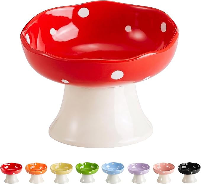 Ceramic Elevated Mushroom Cat Bowls, Tilted Raised Pet Dish Anti Vomit Kitten Bowl for Indoor Cats, Whisker Friendly Pet Food and Water Bowl for Kitten, Cat, Puppies, Dishwasher Safe (Red)