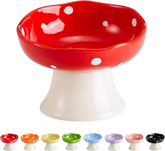 Ceramic Elevated Mushroom Cat Bowls, Tilted Raised Pet Dish Anti Vomit Kitten Bowl for Indoor Cats, Whisker Friendly Pet Food and Water Bowl for Kitten, Cat, Puppies, Dishwasher Safe (Red)