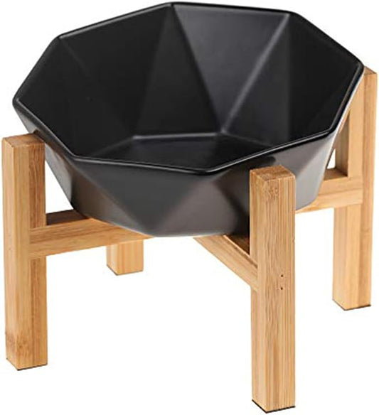 Raised Cat Bowl - Ceramic Tilted Elevated Food Bowl for Indoor Cats & Small Dogs - Shallow Wide Whisker-Friendly Design - Pet Dish Suitable for Feeding Dry, Wet, Treats & Canned Food - Black