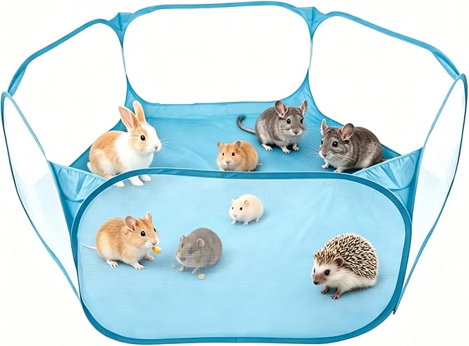 Small Animal Playpen, Portable 6-Sided Foldable Yard Fence for Rabbits, Hamsters, Chinchillas, Hedgehogs, High-Strength Steel Mesh Tent for Indoor & Outdoor Use (Blue)