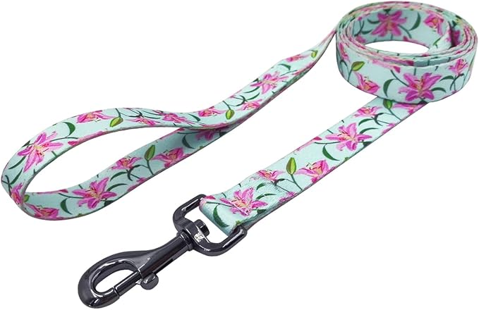 Dog Collar Leash Set, Floral Pattern, Polyester Material, Adjustable Collar and 5ft Matchcing Leash, for Large Dogs.(L, Green Lily)