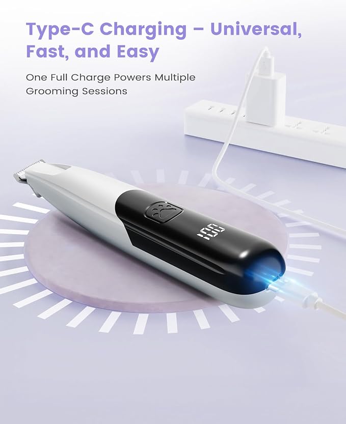 PAPMINI Dog Paw Trimmer with LED Light, 35dB Low Noise Paw Trimmers for Dog's Feet, 2 Speed Safety Electric Dog Clippers for Grooming, Rechargeable Cat Shaver for Paws, Ears, Face, Rump (White)
