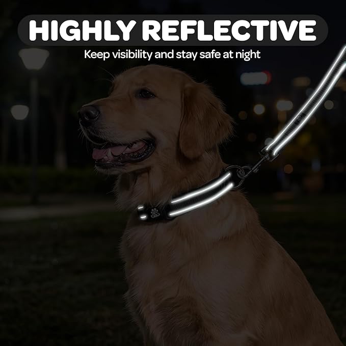 FURRYFECTION Reflective Dog Collar and Leash Set with Quick Release Buckle, Padded with Neoprene Adjustable Nylon Dog Collar for Small Medium and Large Dogs (Large Collar+5FT Leash, Black)