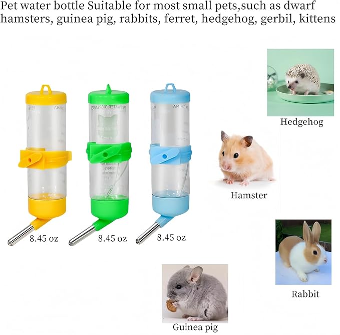 3 PCS 8.45 oz Hamster Water Bottles, No Drip Hanging Small Animal Drinking Bottles,Cage Water Bottles for Hedgehog/Squirrel/Hamster/Gerbil/Guinea Pig/Rabbit