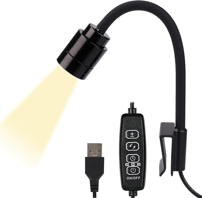 Mini Aquarium Spotlight with Timer, Clip-On Gooseneck Lamp, 15°-90° Zoom | Tri-Color White/Warm White/Warm Light, Dimmable 3W USB, 5.2 In Gooseneck, Fits Glass Up To 8mm