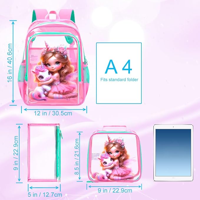 AGSDON Clear Backpack for Girls, Kids Unicorn Transparent Backpack with Heavy Duty PVC, See Through Backpacks with Lunch Bag- Pink Unicorn