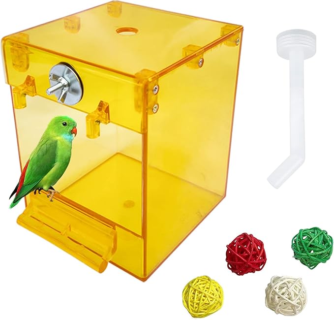 PINVNBY Yellow Acrylic Parrot Bath Box,Bird No-Leakage Bathtub for Cage Hanging Tube Shower Box Cage Accessory with Water Injector and Balls Toys for Small Pet Birds Canary Budgies Lovebirds(6 Pcs)