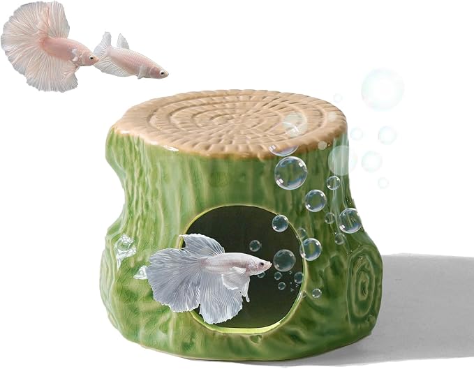 Ceramic Aquarium Decor Natural Tree Green Betta Fish Tank Cave | Smooth-Surface Safe for Fish Hiding & Breeding, Easy-Clean, No Assembly, for Play & Rest,Fits 2.5-5 Gallon Fish Tanks