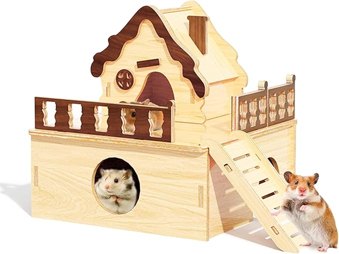 Wooden Hamster Platform and Dwarf Hamster House,Cute Syrian Hamster Tiny House Hideout,Large Balcony Lookout Holes,for Dwarf Gerbils and Mouse Mice Rat Other Small Animals(A)