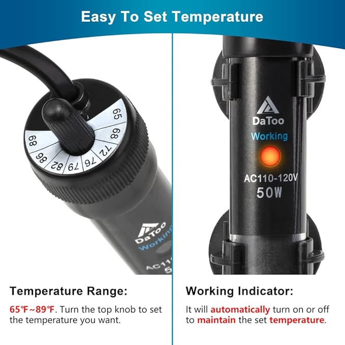 DaToo Aquarium Heater Adjustable 200W Submersible Fish Tank Heater with Electronic Chip Thermostat Suitable for Marine Saltwater and Freshwater