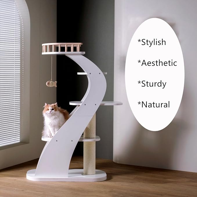 SHENGOCASE Modern Stylish 52.4 inches Tall Wooden Cat Tree Tower, Aesthetic Cat Condo Ladder with 5-Level Big Perch Platform Bed for Window Viewing Watching Large Cat Maine Coon