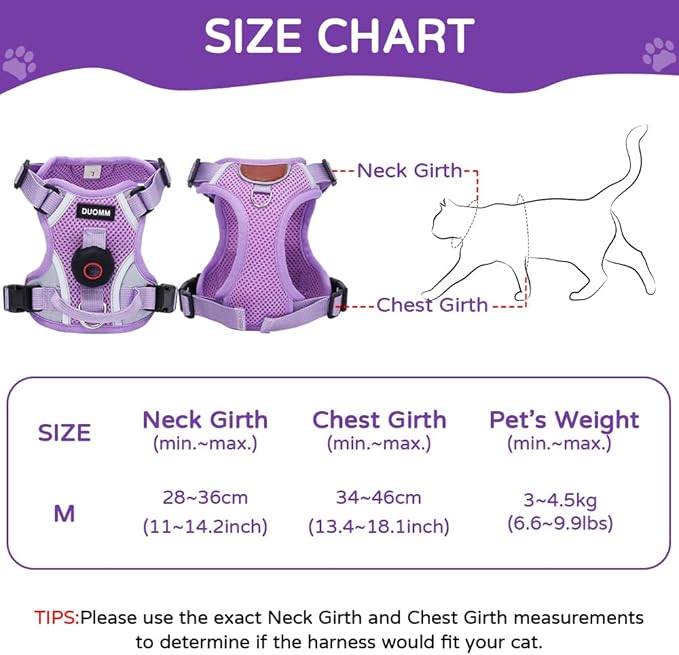 Cat Harness and Leash Set with Tracker Holder, Upgraded Escape Proof Kitten Harness with Lead for Large Adult Cats, Soft Mesh Puppy Reflective Adjustable Jacket Vest for Walking, Purple M