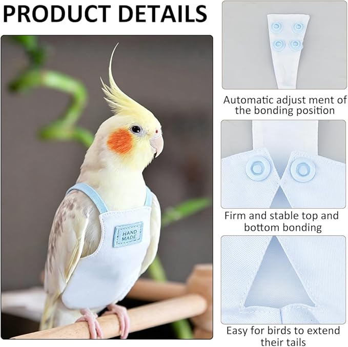 SUPERFINDINGS Snap-Closure Parrot Diaper with Leash 1Pc 5.04x2.95 Inch/128x75 mm Washable Bird Flight Suit 8.5 mmThick 2.09Inch Adjustable Rope for Cockatiel Parrots Travel Perch Light Sky Blue