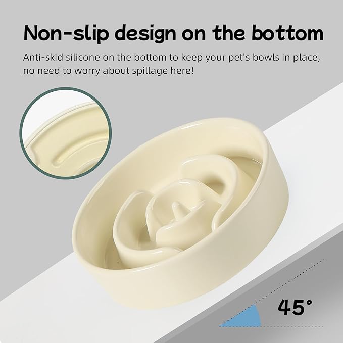 Havniva Ceramic 0.9 Cup Raised Dog Slow Feeder Set, Elevated Bowl with Wooden Stand for Small Dog and Cat, 6.1inch Puzzle Slow Dog Food Dish, Anti-Gulping(Light Yellow, Single Bowl+ Stand)