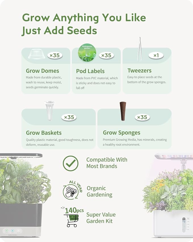 URUQ 140Pcs Hydroponic Pods Supplies: Compatible with AeroGarden Grow Anything Herb Kits - Includes Grow Sponges Grow Baskets Grow Domes Labels - Hydroponics Supplies for Most Brand