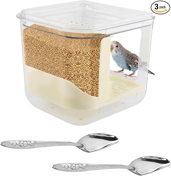 Automatic Bird Feeder No Mess Bird Cage Pet Feeder Multifunctional Parrot Feeders Transparent Food Container for Canaries (Color:Clear)
