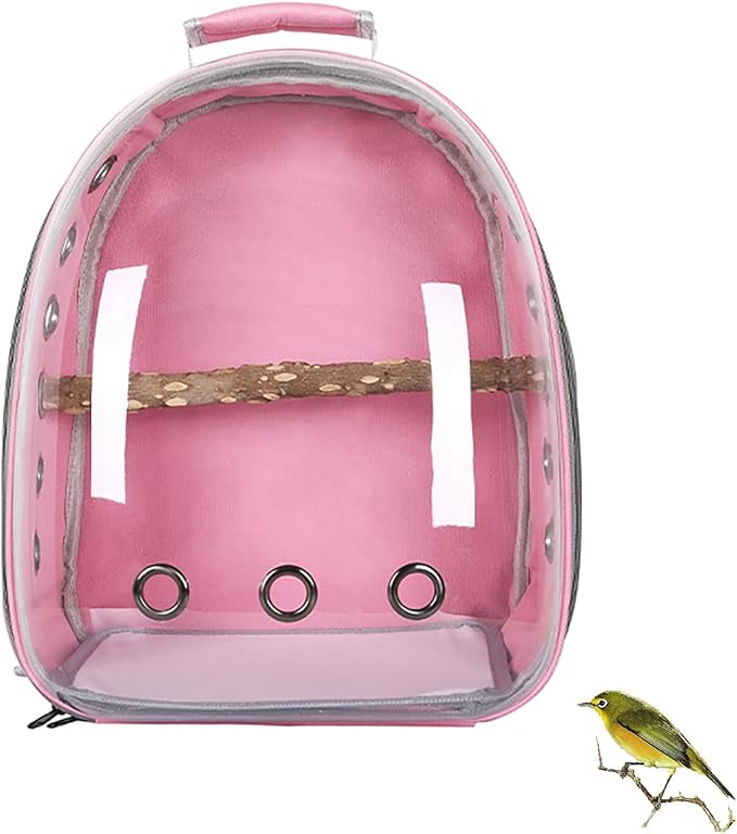 Bird Carrier Backpack with Wood Perch, Transparent Bird Travel Cage, Portable Pet Carrier Backpack, Breathable Hangbag for Vet Transport Camping Hiking (Pink)