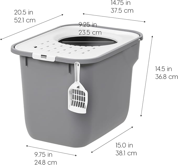 IRIS USA Cat Litter Box Large Top Entry with Lid, Enclosed Litter Box with Litter Catching Lid & Scoop, Covered Cat Litter Box Enclosure for Privacy, High Sided, Gray/White