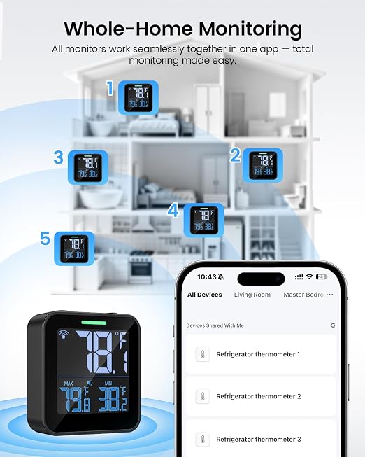 WiFi Refrigerator Thermometer, Freezer Alarm with LCD Display | Digital fridge monitor with app alerts & buzzer & indicator alarm, anti-false for kitchen, fish tank and hot tub, 2.4G Wi-Fi