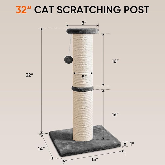 PAWSCRAT Cat Scratching Post 32" Tall, Large Diameter Natural Sisal Cat Scratch Post with Dangling Ball, Scratch-Resistant and Durable Tall Cat Scratcher for Indoor Cats, Protect Your Furniture, Grey