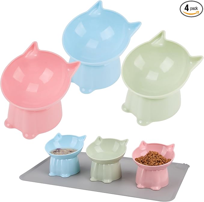 3 Pcs Elevated Cat Bowls 15°Raised Cat Food Bowl with Silicone Mat Whisker Friendly Anti Vomiting Cats Dishes Pet Food and Water Bowls for Indoor Cats Kittens