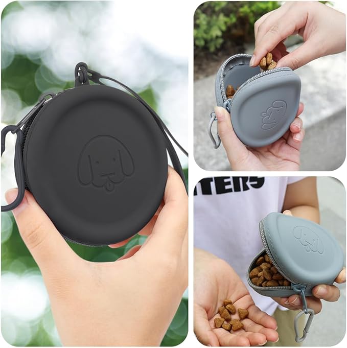 Silicone Dog Treat Pouch, 2PCS Pet Walking Bag for Dog and Cat, Pocket Size, Easy to Clean, Odorless, Zipper Design, Moisture-proof, Portable Training (Dark Gray & Black)