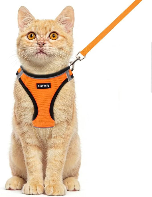 Rttochfy Cat Harness and Leash Set, Escape Proof Kitten Harness, Soft and Breathable Vest with Reflective Strip, Easy to Wear for Cats Walking and Traveling (BK Orange, XS)
