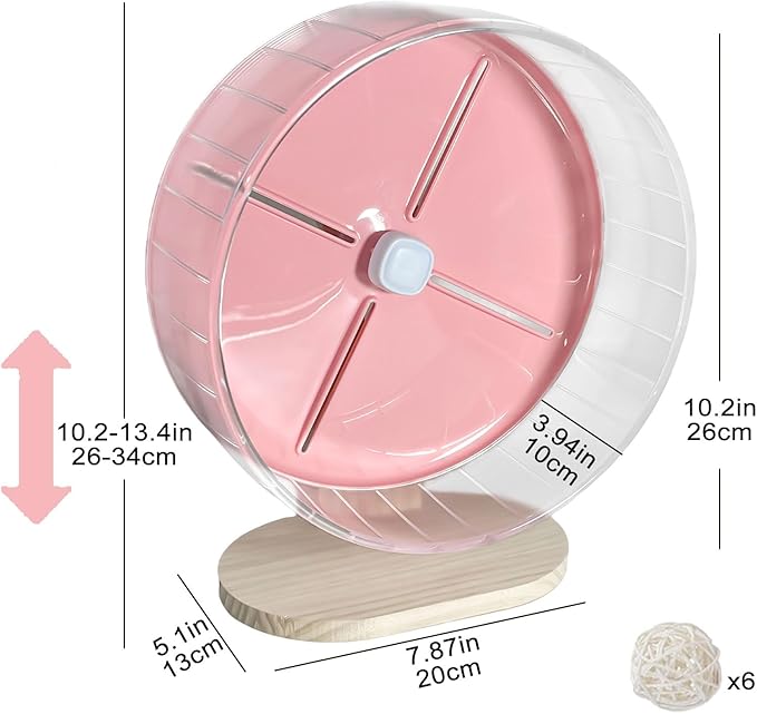 Silent Hamster Wheel,10.2 Inch Quiet Spinner Syrian Hamster Running Wheel,Anti-Skid & Adjustable Stand for Gerbils, Rats, or Other Small Pets,Pink