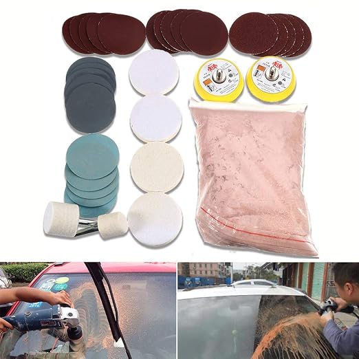 Glass Polishing Kit, 34pcs/Set Window Windscreen Scratch Repair Kit | Glass Scratch Remover with Cerium Oxide Polishing Powder/Polishing Pad/Polishing Wheel