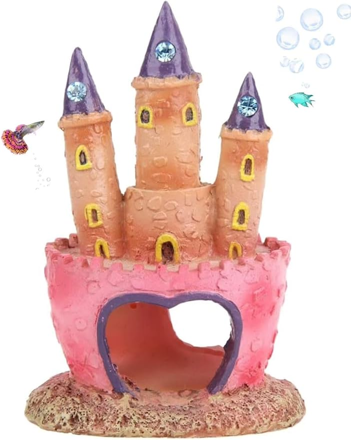 Pink Resin Aquarium Castle Decor, Fish Tank Cave Hideout for Betta Fish, Shrimp, Cichlids - Princess Style Ornament Safe for Freshwater & Saltwater Tanks, Medium Size