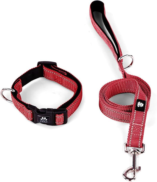 IVY&LANE Reflective Dog Collar and Leash Set,Adjustable Neoprene Padded Dog Collars for Puppy, Breathable Nylon Pet Collar for Small Medium Large Dogs (Medium,Red)