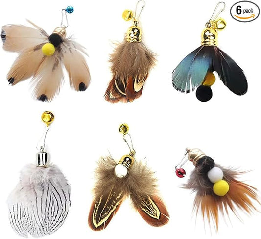 Cat Insect Feather Toys Replacement Cat Toy Wand Refills, 6 Pieces Natural Insect Cat Toy Feathers Refill, Interactive Cat Teaser Wand Attachments, with Bell