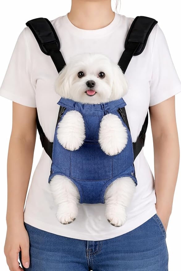 Inspack Dog Backpack Carrier/Cat Carrier, Adjustable Pet Front Carriers Travel Bag for Puppy Medium Dogs, Legs Out, Soft Ventilated Dog Chest Carry Backpacks for Hiking/Camping, 7-11 lbs, Indigo Denim