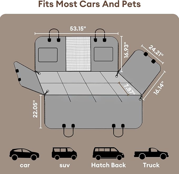 FUNNY FUZZY Dog Car Seat Cover, Back Seat Extender for Dogs - 420Lb Hard Bottom Waterproof Pet Car Seat Cover, 600D Heavy Duty Pet Hammock with Non-Slip Bottom for Cars, SUV, Trucks