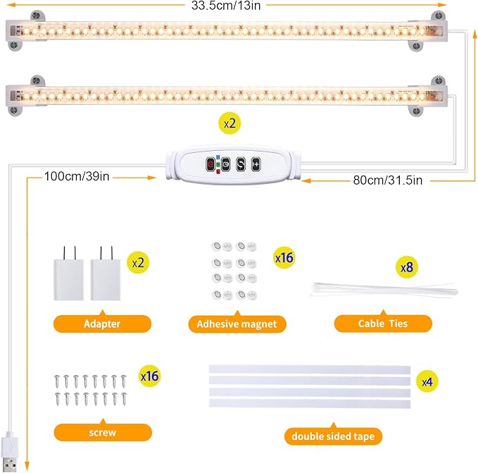 Hywyimlait Two Strip Growing Lamp for Indoor Plants, 3500K Full Spectrum LED Grow Light Strips with Auto ON/Off 3/9/12H Timer & 10 Dimmable Levels for Green House Succulent (2 Headx2 Pack)