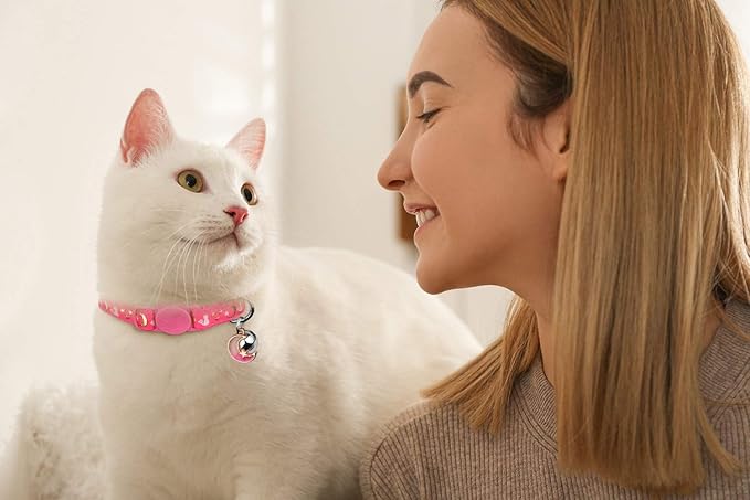 Baeuppit 2PCS Breakaway Cat Collars with Bell Cute Kitty Glow in The Dark Adjustable Kitten Collars 7.9-13.0 Inch(Black&Pink)