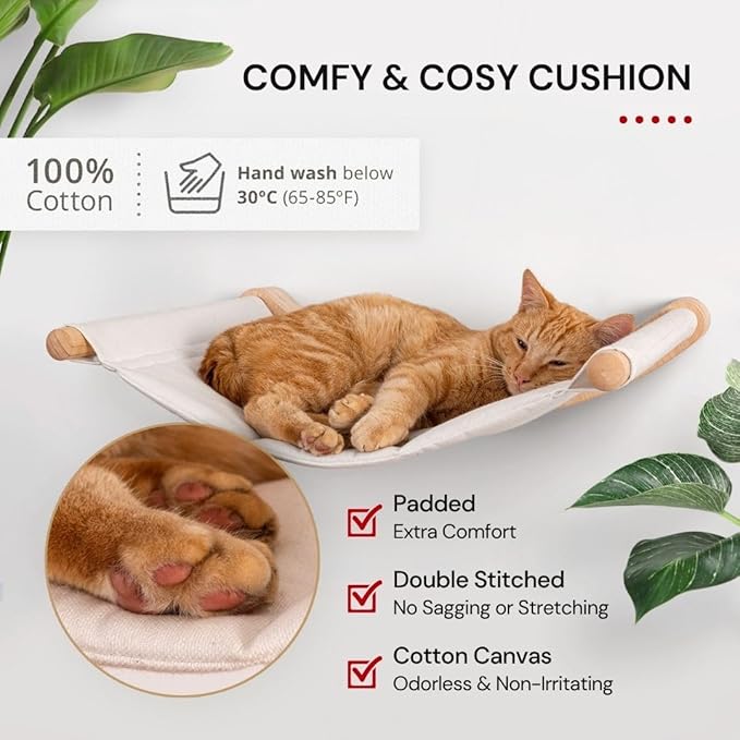 7 Ruby Road Cat Hammock Wall Mounted for Large Cats, Wood Perch Bed for Indoor Cats, Modern Cat Window Furniture & Shelves