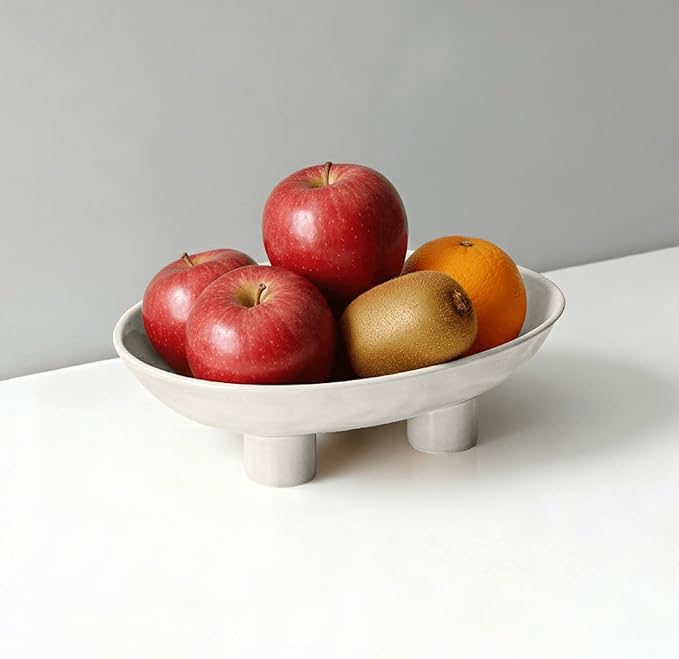 Three-Leg Ceramic Fruit Bowl, 10 Inch Oval Serving Dish for Kitchen Counter, Candy or Key Holder, Home Decor Accent White