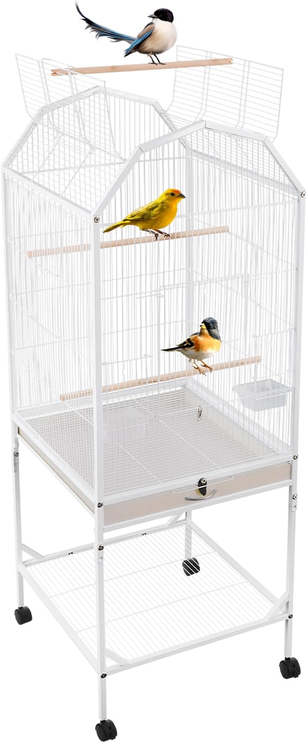 53.5 Inch Iron Bird Cage, Large Parakeet Cages with Play Open Top and Rolling Stand, Bird House with Detachable Stand and Pull-Out Tray for Cockatiels, Parrots, Lovebirds, Canaries (White, Style B)
