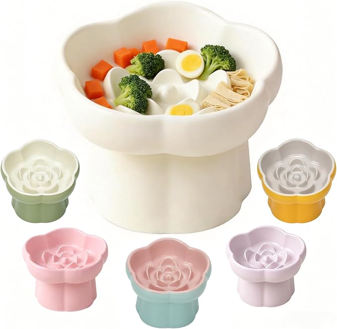 Cat Slow Feeder Flower-Shaped Ceramic Slow Feeder Cat Bowl, Tilted Raised Cat Slow Feeder Bowl for Whisker Relief, Prevents Vomiting & Bloating, Non-Slip Base (White)