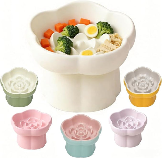 Cat Slow Feeder Flower-Shaped Ceramic Slow Feeder Cat Bowl, Tilted Raised Cat Slow Feeder Bowl for Whisker Relief, Prevents Vomiting & Bloating, Non-Slip Base (White)