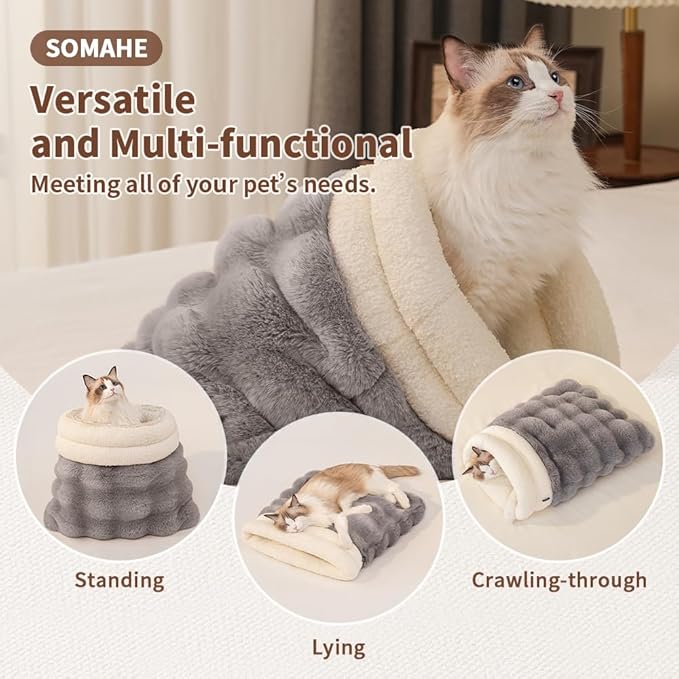 SOMAHE Self-Warming Cat Sleeping Bag, Enclosed Hooded Snuggle Sack with Dual-Side Plush Cat Cave Bed, Portable Foldable Pet Sleeping Pod for Indoor & Travel, Anti-Static, 21.7"x17.7"Beige