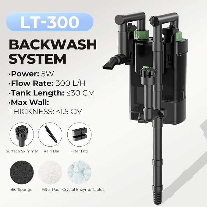 Hang on Back Filter Fish Tank HOB Filter Self-Cleaning 80GPH(LT-300) | Adjustable Flow, Multi-Stage Filtration with Surface Skimmer & Sponge Guard for Small Fish Tanks 10-30 Gallon